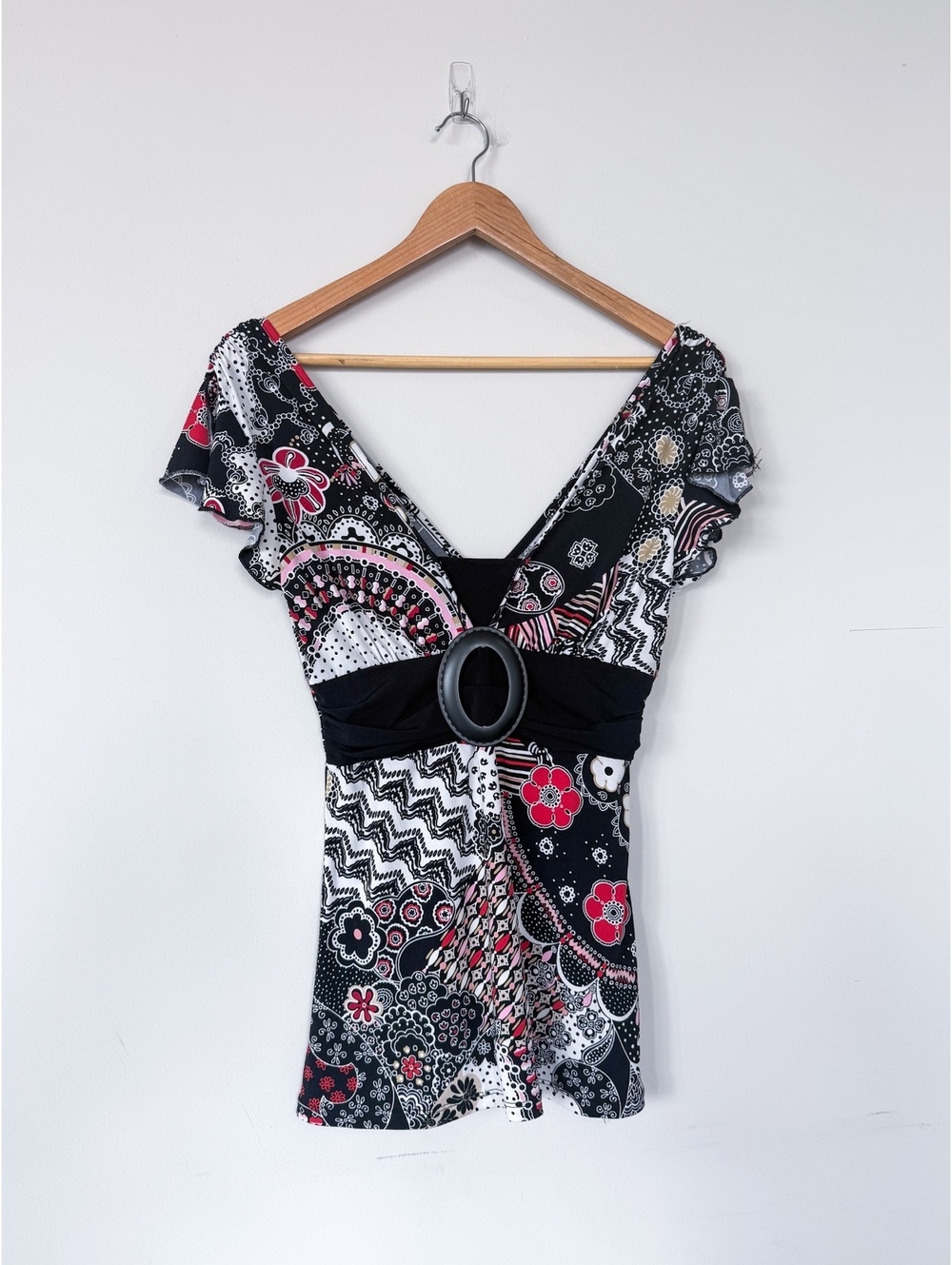 VTG Y2K Speechless Paisley Flutter Sleeve Buckle Empire Waist Babydoll Top